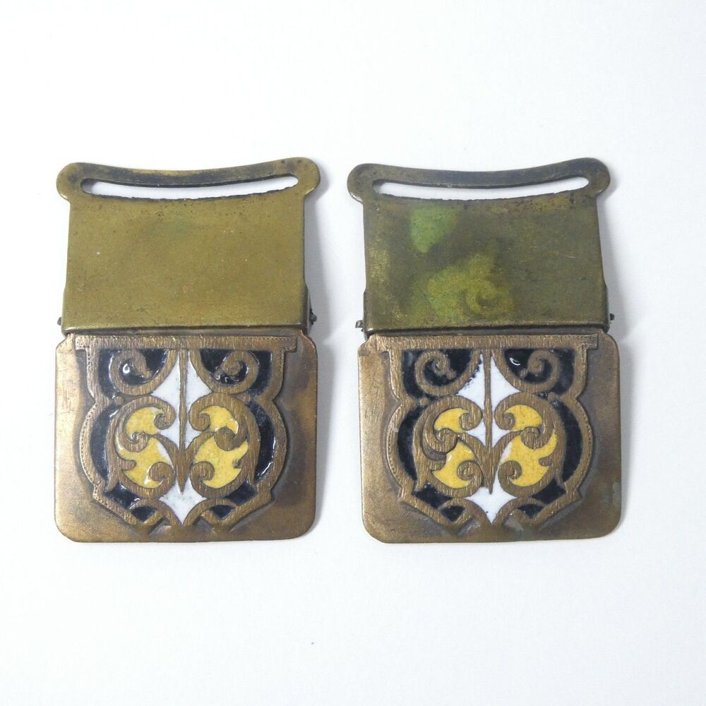 Enameled Brass Buckles Pair Black White Yellow Art Deco Vintage